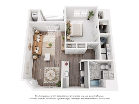 Floor plan for 1 bed, 1 bath, 847 sqft